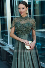 Olive High Neck Short Sleeve Beaded A-line Satin Floor Length Formal Evening Gown