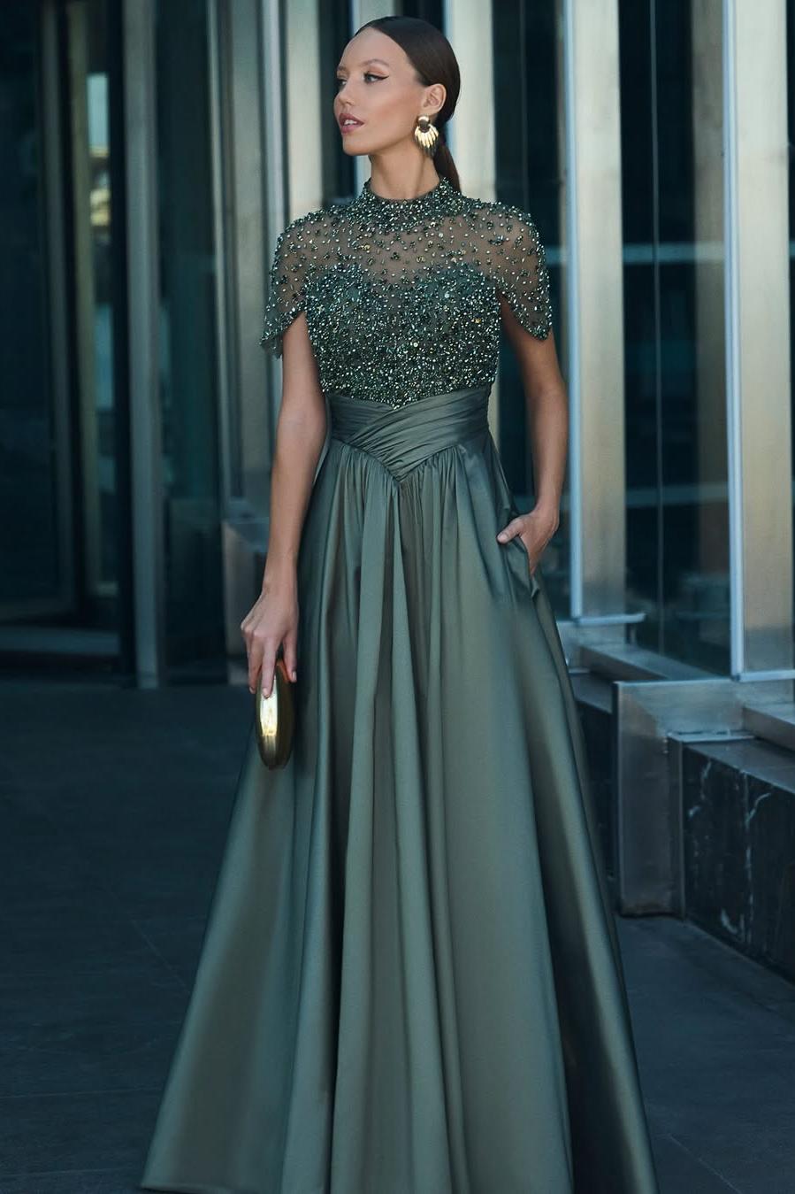 Olive High Neck Short Sleeve Beaded A-line Satin Floor Length Formal Evening Gown