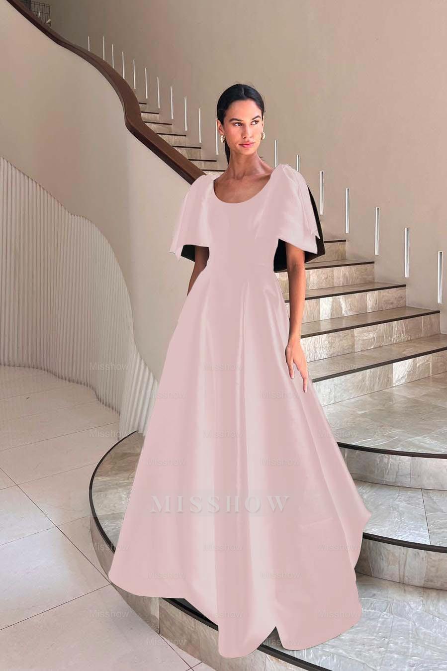 Pink scoop ruffled ball gown evening dress