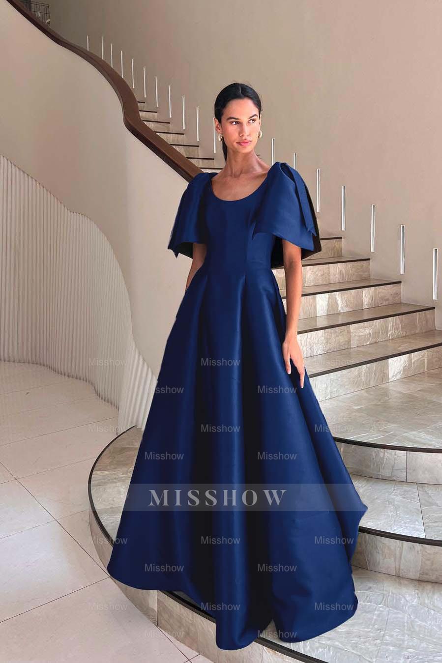 Navy scoop ruffled ball gown evening dress