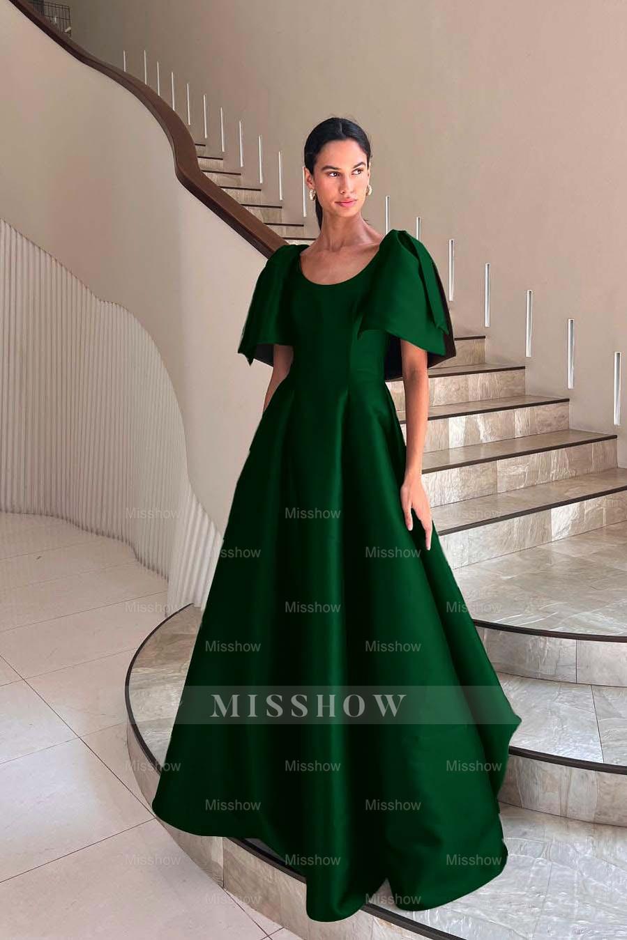 Dark green scoop ruffled ball gown evening dress