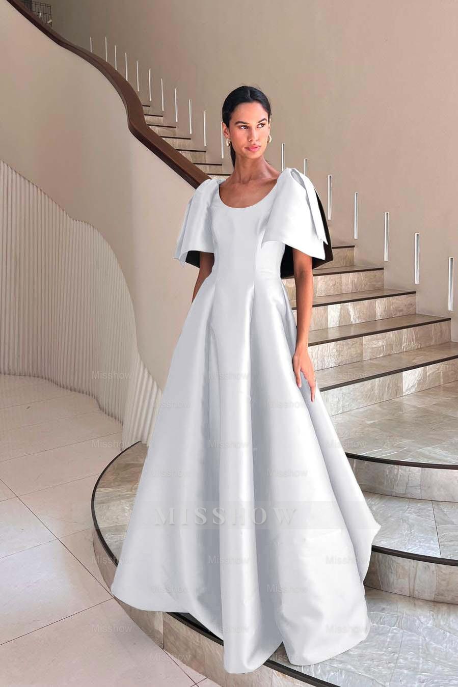 White scoop ruffled ball gown evening dress