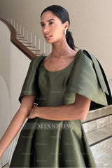 Olive scoop ruffled ball gown evening dress