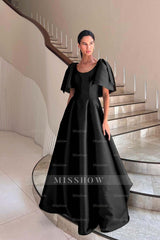Black scoop ruffled ball gown evening dress