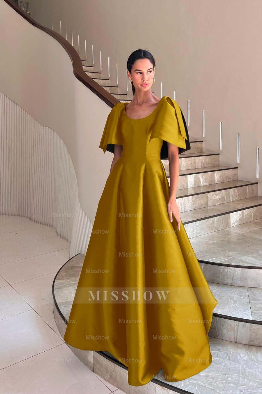 Mustard yellow scoop ruffled ball gown evening dress
