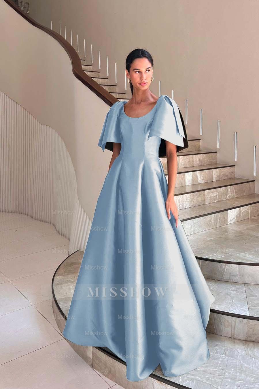 Dusty blue scoop ruffled ball gown evening dress