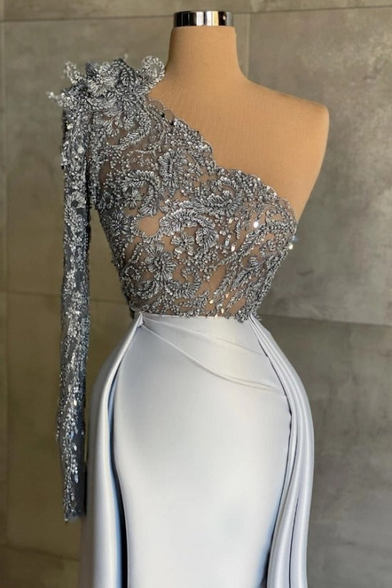 One-Shoulder 3D Floral Spray Silver Crystal Lace Floral Illusion Bodice Single Sleeve Ice Blue Satin Mermaid Evening Dress Side Overskirt Sweep Train