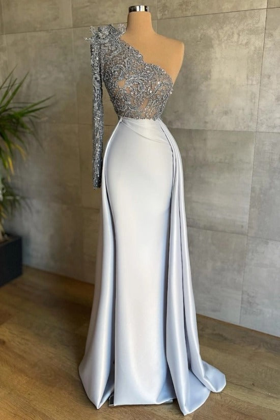 One-Shoulder 3D Floral Spray Silver Crystal Lace Floral Illusion Bodice Single Sleeve Ice Blue Satin Mermaid Evening Dress Side Overskirt Sweep Train