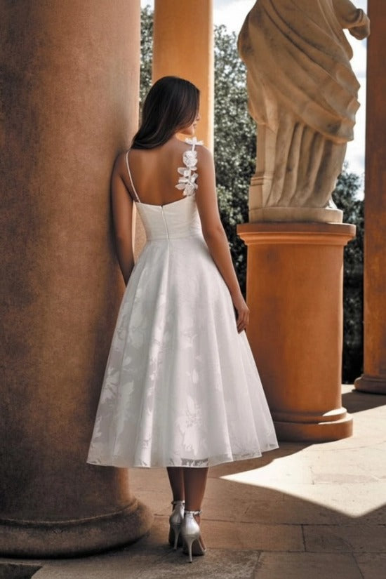 One Shoulder 3D Floral Strap Ruched Waist Jacquard Lace A-Line Tea Length Wedding Dress Open Back