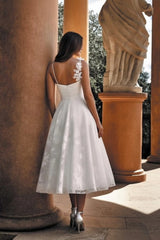One Shoulder 3D Floral Strap Ruched Waist Jacquard Lace A-Line Tea Length Wedding Dress Open Back
