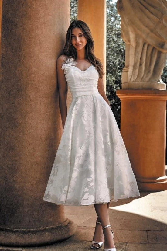 One Shoulder 3D Floral Strap Ruched Waist Jacquard Lace A-Line Tea Length Wedding Dress Open Back