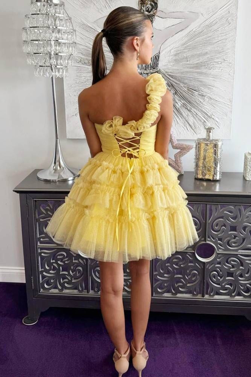 One Shoulder 3D Floral Strap Sweetheart Cutout Tiered Ruffle Tulle Lace-Up A-Line Homecoming Dress Mini