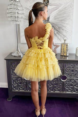 One Shoulder 3D Floral Strap Sweetheart Cutout Tiered Ruffle Tulle Lace-Up A-Line Homecoming Dress Mini