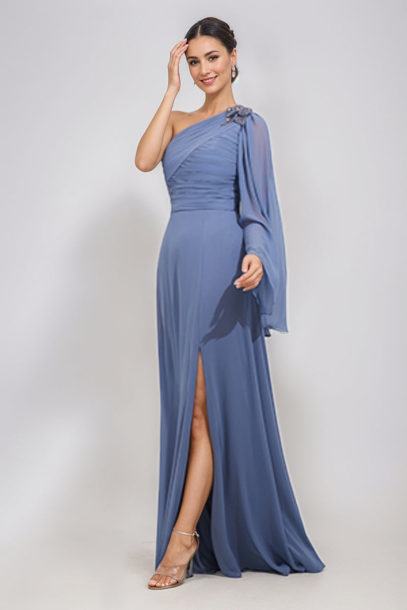 One-Shoulder A-Line Princess Dress for the Mother of the Bride & Groom Featuring Appliques and a Side Slit