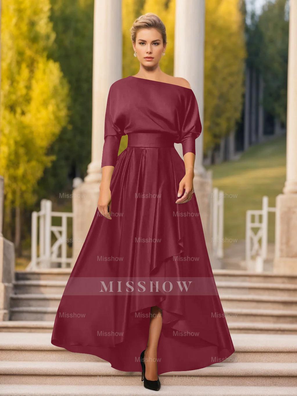 One-Shoulder A-Line Princess Dress with 3/4 Sleeves for Mothers of the Bride & Groom