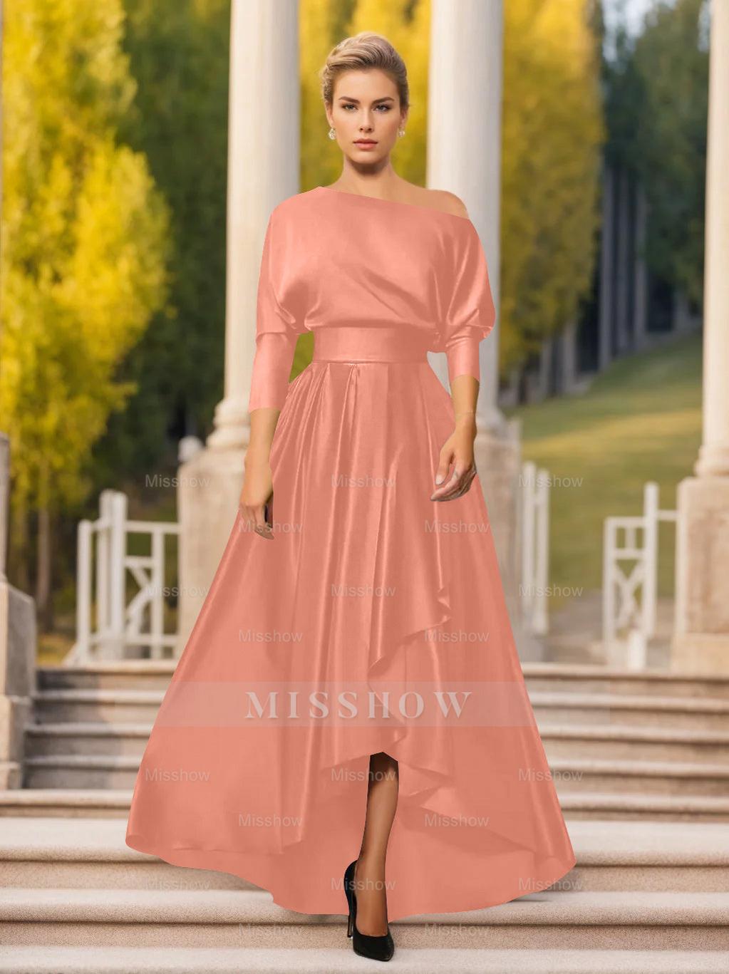 One-Shoulder A-Line Princess Dress with 3/4 Sleeves for Mothers of the Bride & Groom