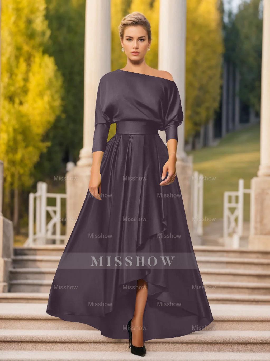 One-Shoulder A-Line Princess Dress with 3/4 Sleeves for Mothers of the Bride & Groom