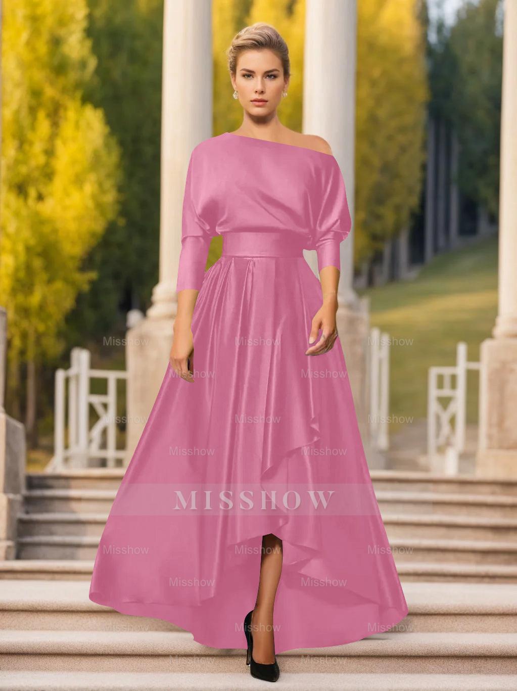 One-Shoulder A-Line Princess Dress with 3/4 Sleeves for Mothers of the Bride & Groom