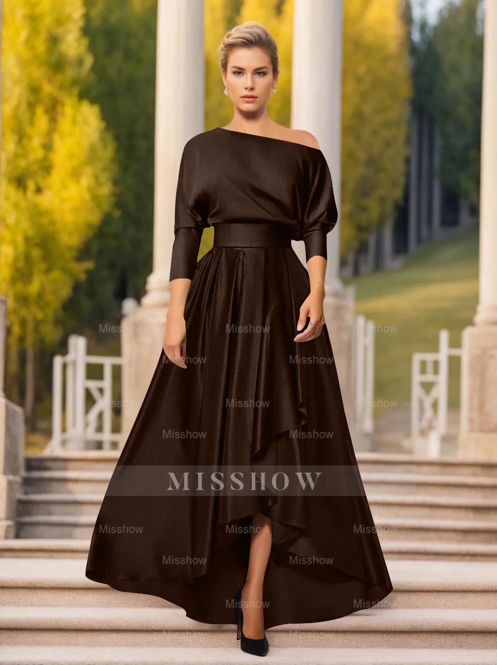 One-Shoulder A-Line Princess Dress with 3/4 Sleeves for Mothers of the Bride & Groom