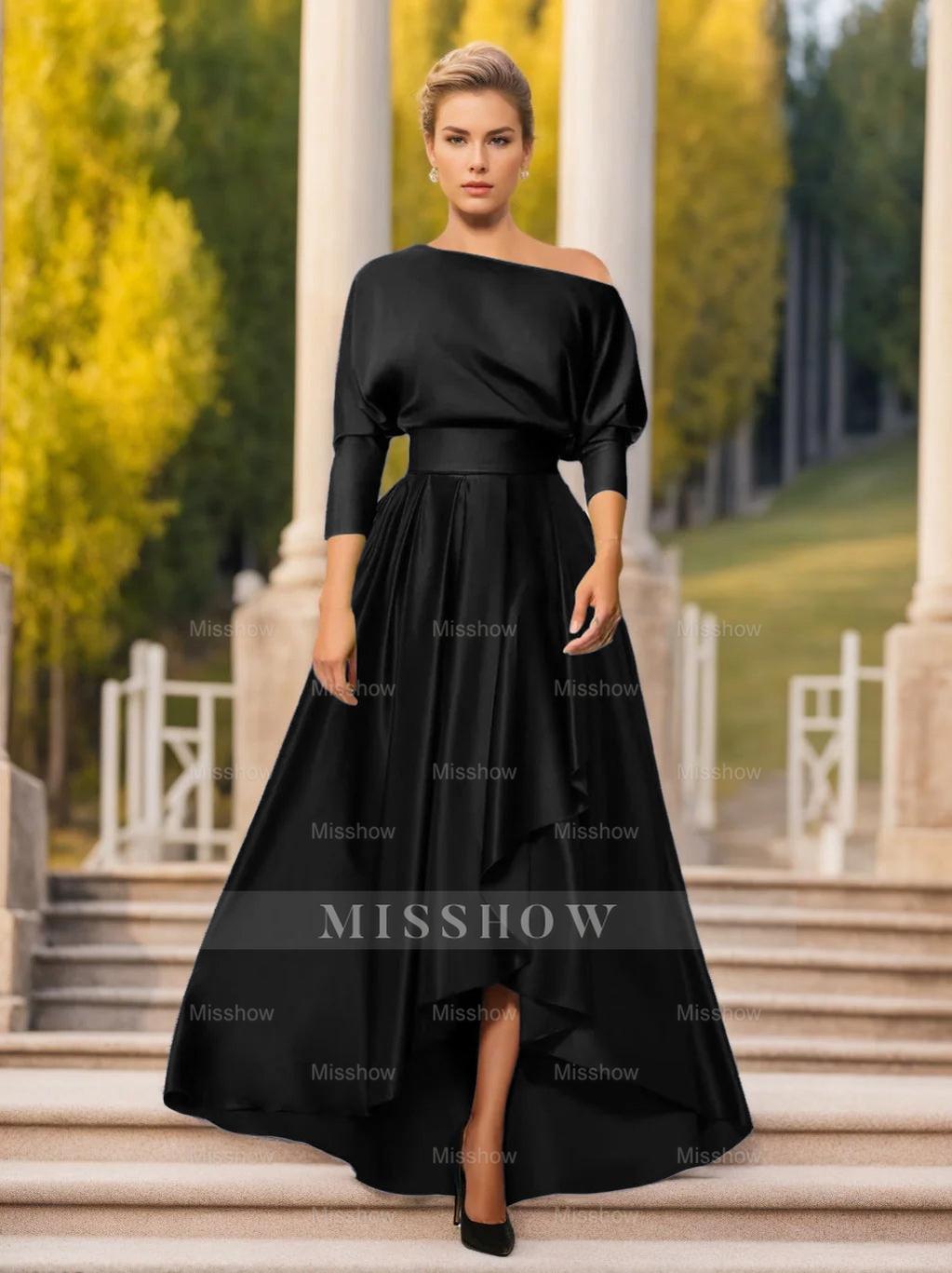 One-Shoulder A-Line Princess Dress with 3/4 Sleeves for Mothers of the Bride & Groom