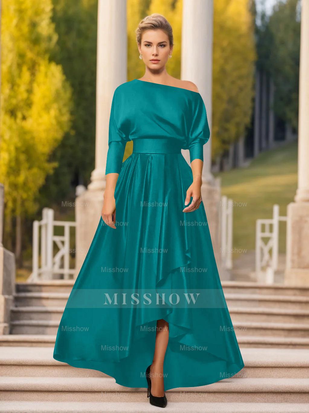 One-Shoulder A-Line Princess Dress with 3/4 Sleeves for Mothers of the Bride & Groom