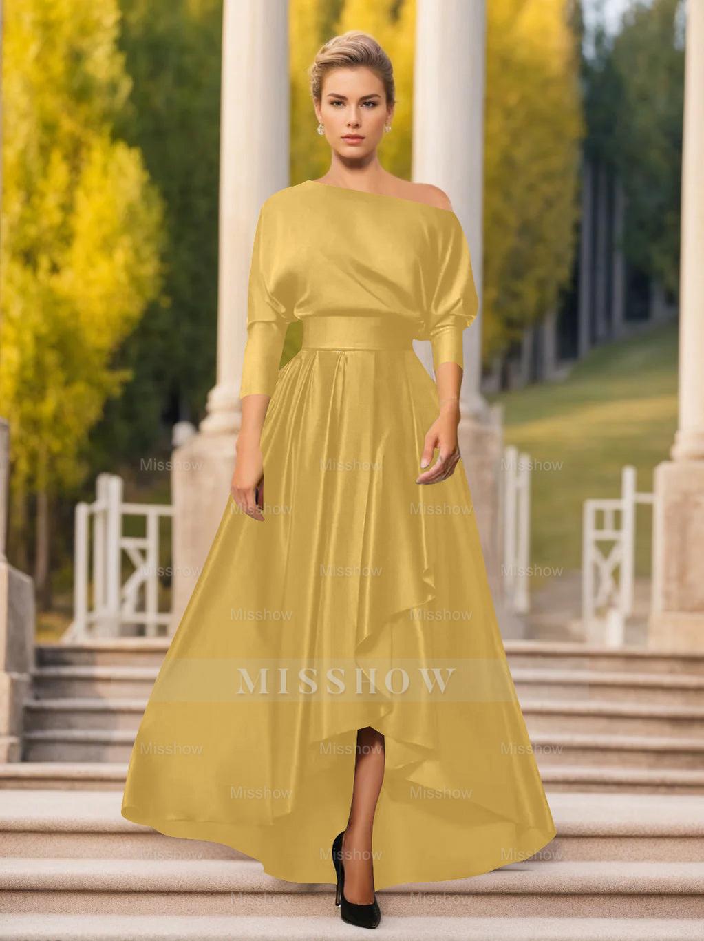 One-Shoulder A-Line Princess Dress with 3/4 Sleeves for Mothers of the Bride & Groom