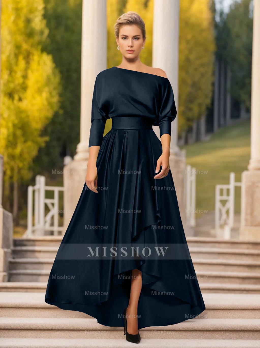 One-Shoulder A-Line Princess Dress with 3/4 Sleeves for Mothers of the Bride & Groom