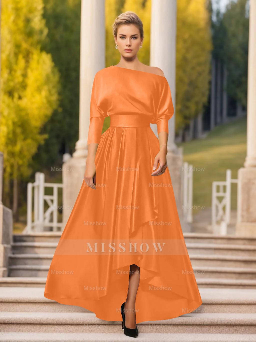 One-Shoulder A-Line Princess Dress with 3/4 Sleeves for Mothers of the Bride & Groom