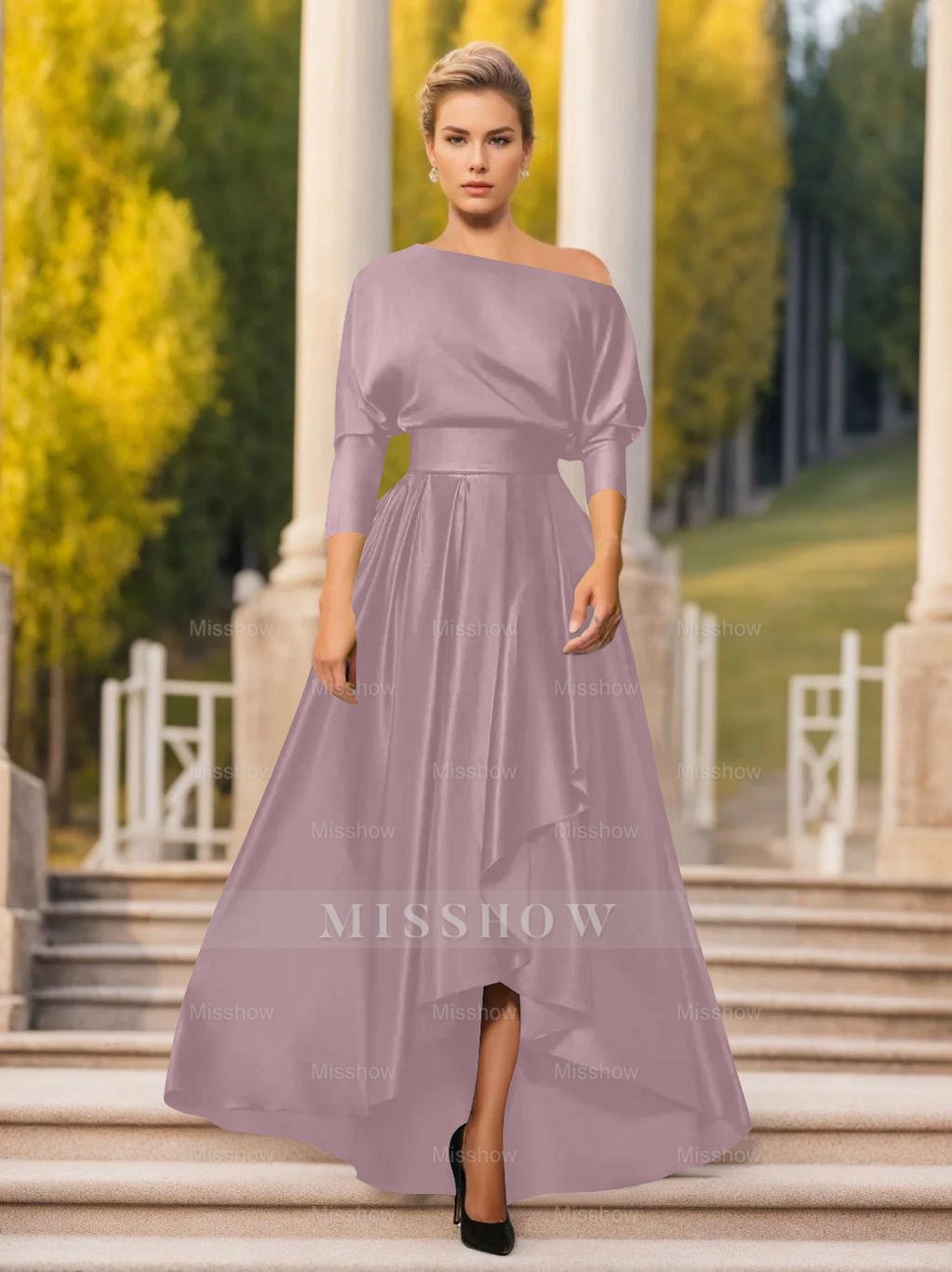 One-Shoulder A-Line Princess Dress with 3/4 Sleeves for Mothers of the Bride & Groom