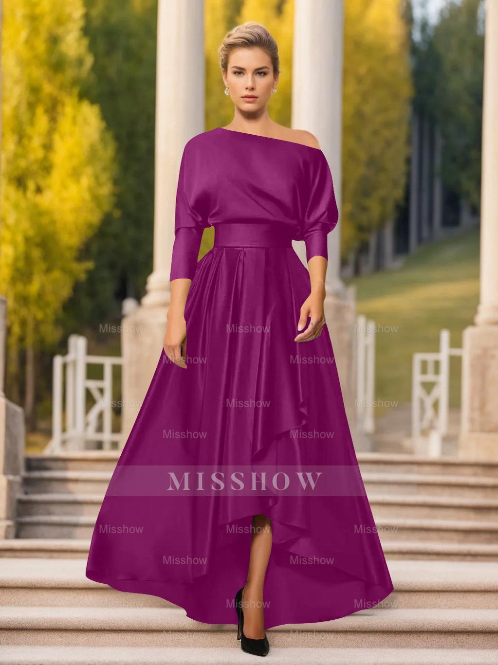 One-Shoulder A-Line Princess Dress with 3/4 Sleeves for Mothers of the Bride & Groom