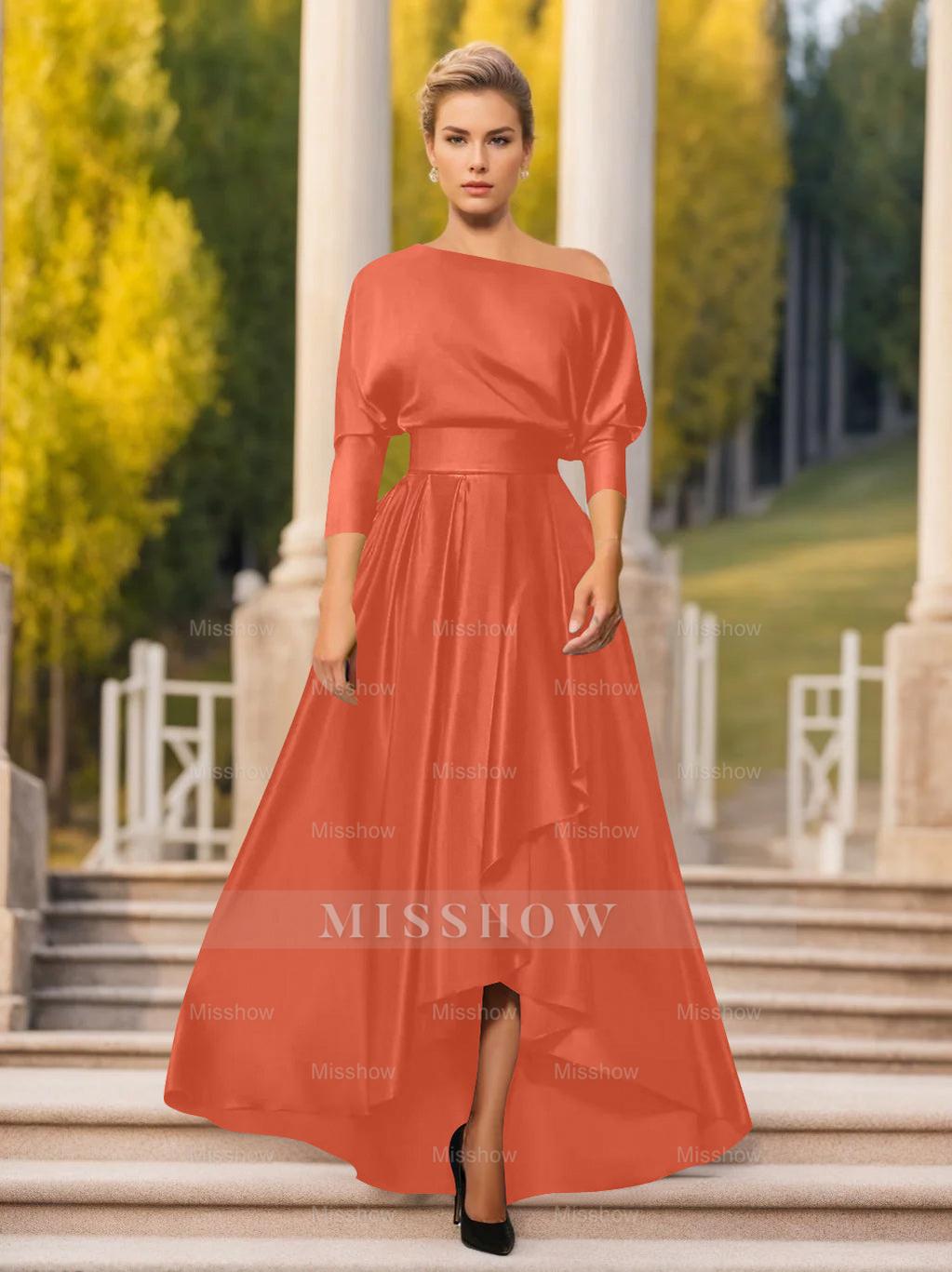 One-Shoulder A-Line Princess Dress with 3/4 Sleeves for Mothers of the Bride & Groom