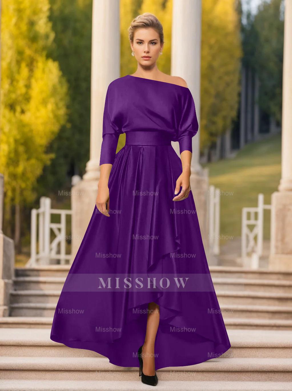 One-Shoulder A-Line Princess Dress with 3/4 Sleeves for Mothers of the Bride & Groom