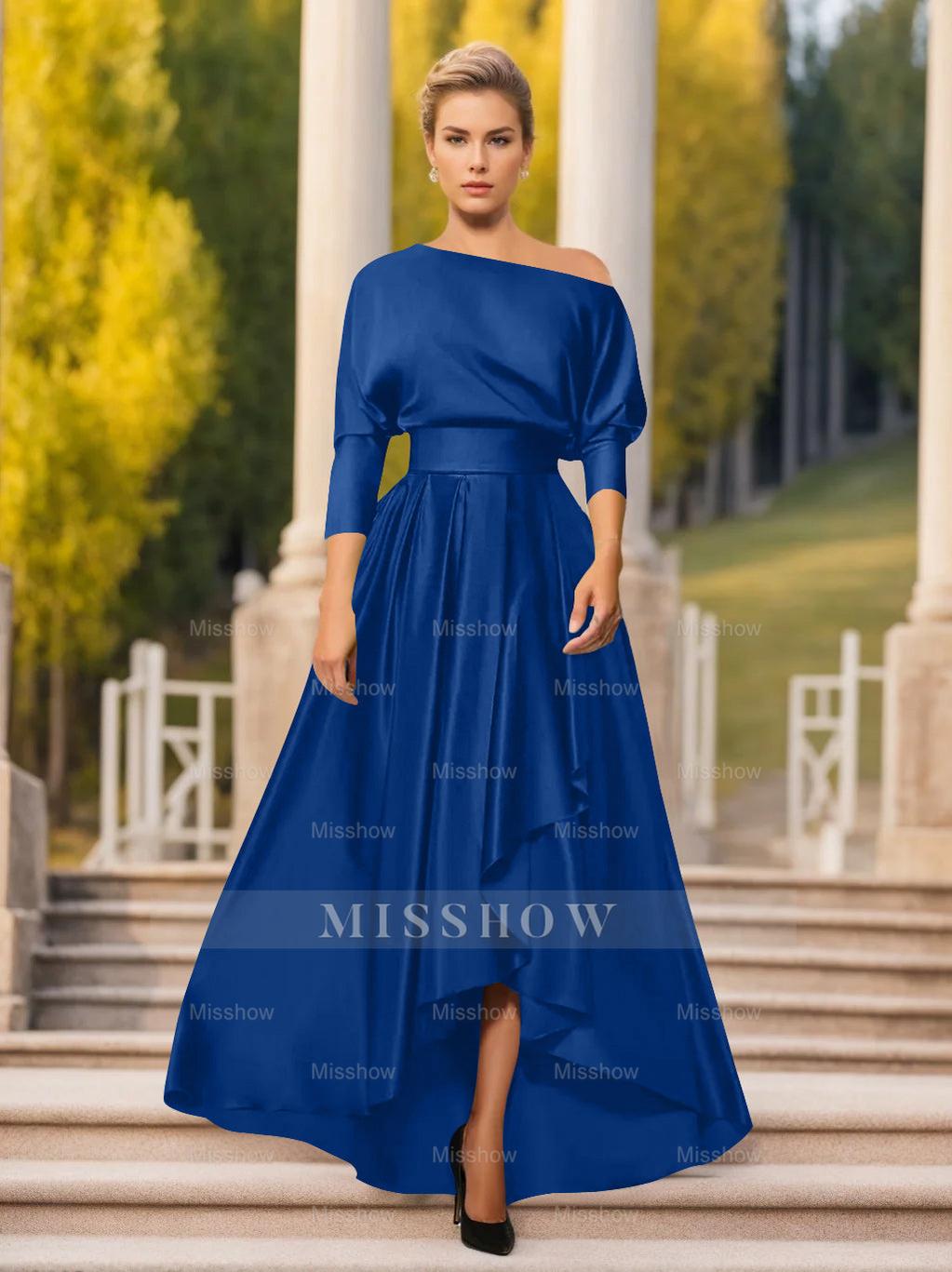 One-Shoulder A-Line Princess Dress with 3/4 Sleeves for Mothers of The Bride & Groom One-Shoulder A-Line Princess Dress with 3/4 Sleeves for Mothers of The Bride & Groom