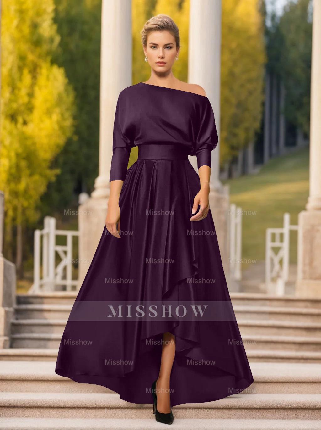 One-Shoulder A-Line Princess Dress with 3/4 Sleeves for Mothers of the Bride & Groom