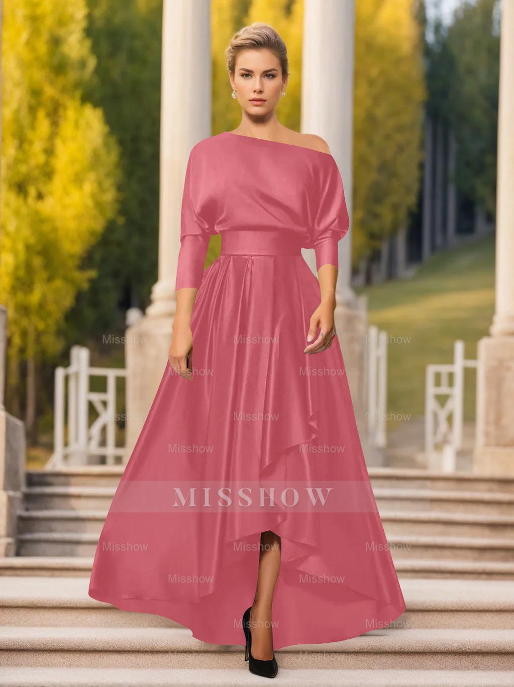 One-Shoulder A-Line Princess Dress with 3/4 Sleeves for Mothers of the Bride & Groom