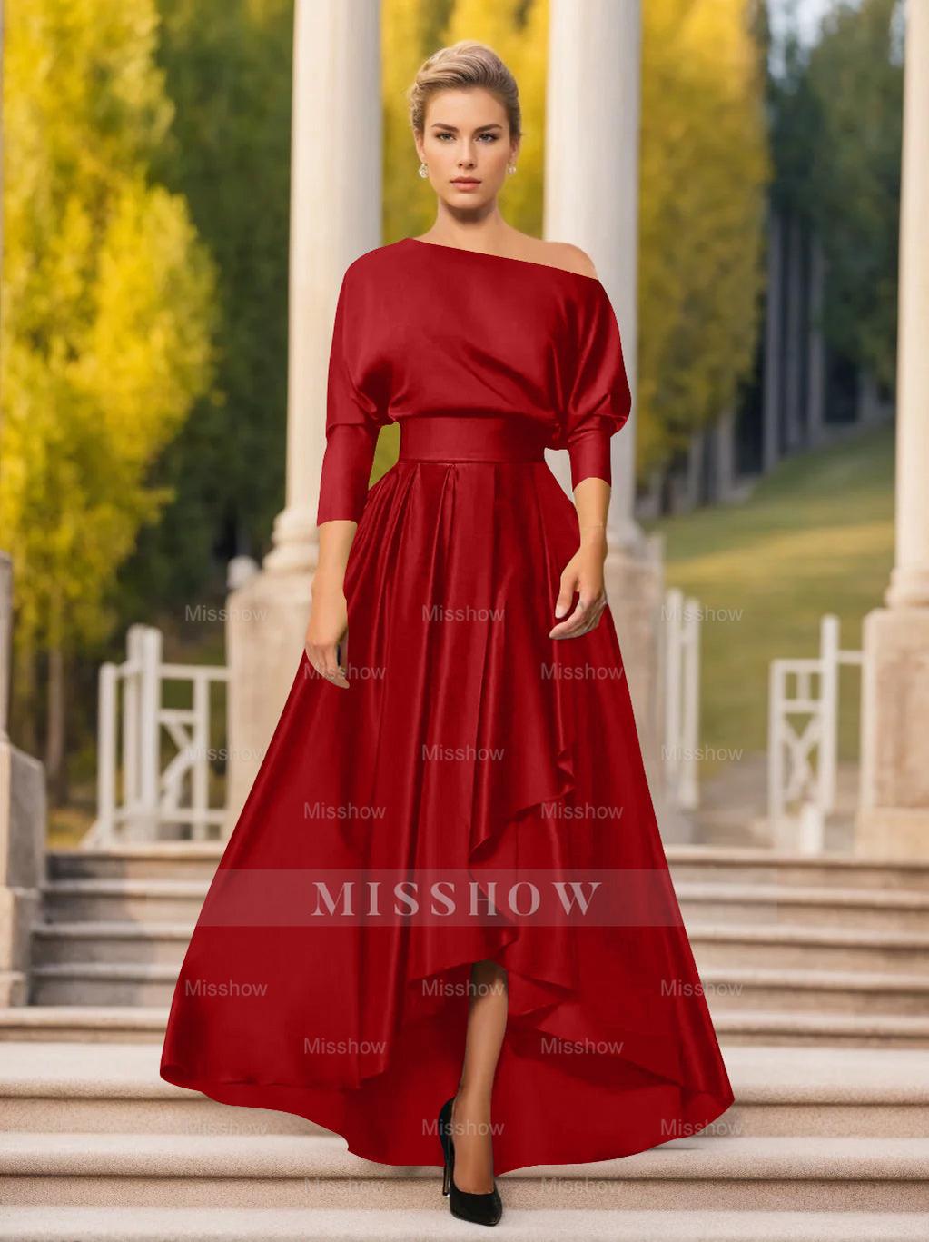 One-Shoulder A-Line Princess Dress with 3/4 Sleeves for Mothers of the Bride & Groom