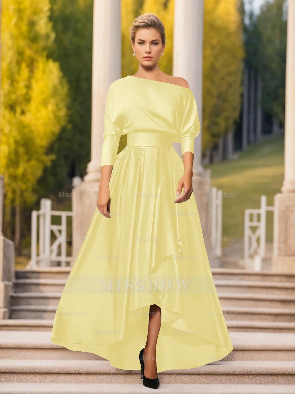 One-Shoulder A-Line Princess Dress with 3/4 Sleeves for Mothers of the Bride & Groom