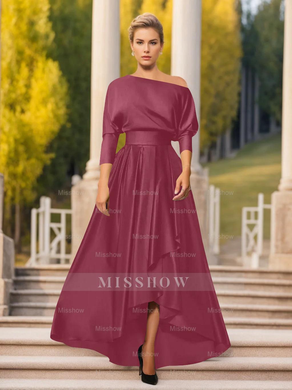One-Shoulder A-Line Princess Dress with 3/4 Sleeves for Mothers of the Bride & Groom