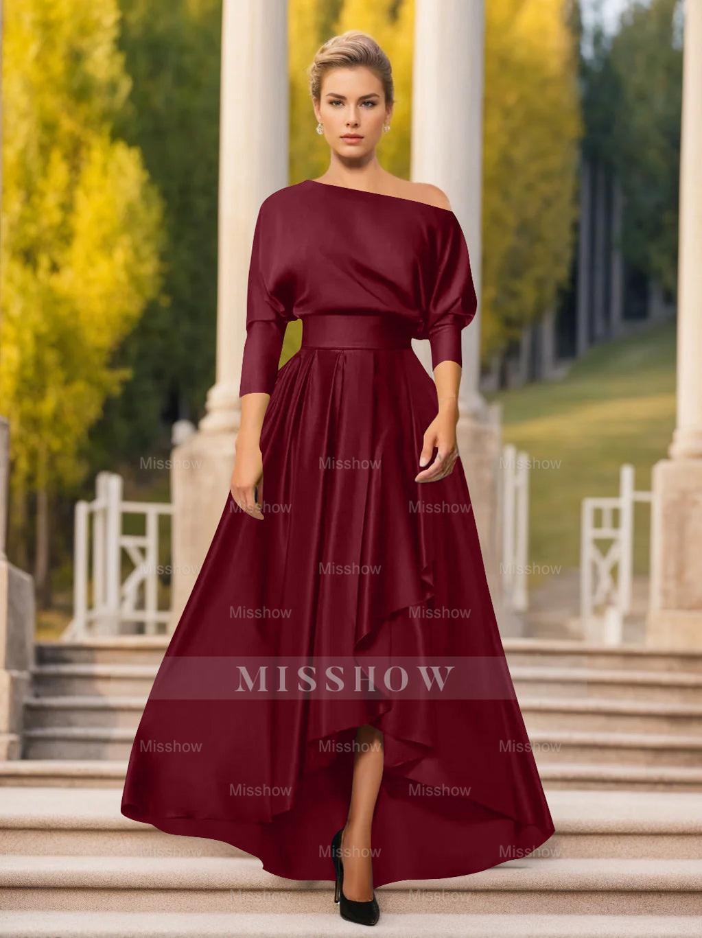 One-Shoulder A-Line Princess Dress with 3/4 Sleeves for Mothers of the Bride & Groom