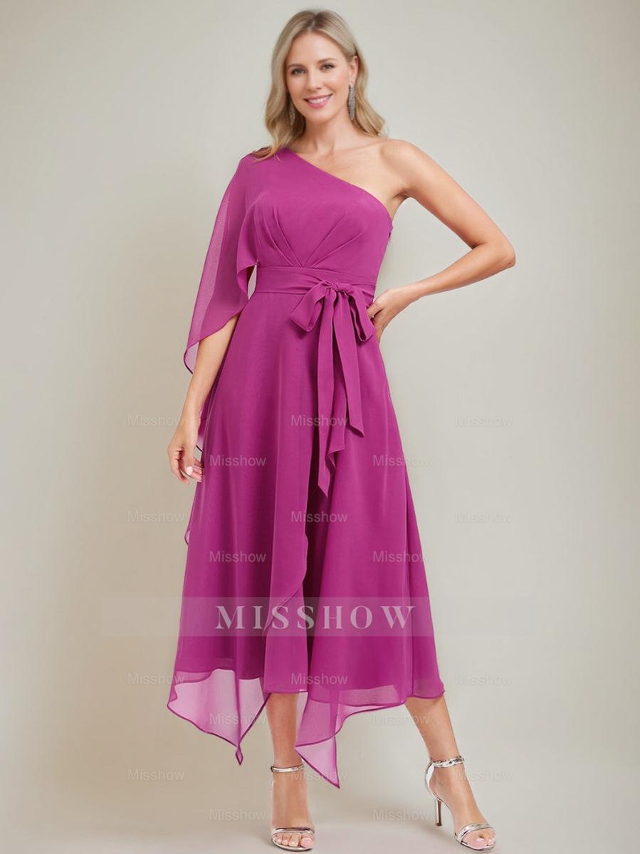 One-Shoulder A-Line Princess Dress with Asymmetrical Ruched Detail and Bow Sash for the Mother of the Bride