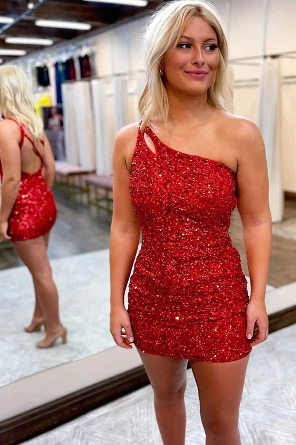 Red one shoulder sequin bodycon homecoming dress