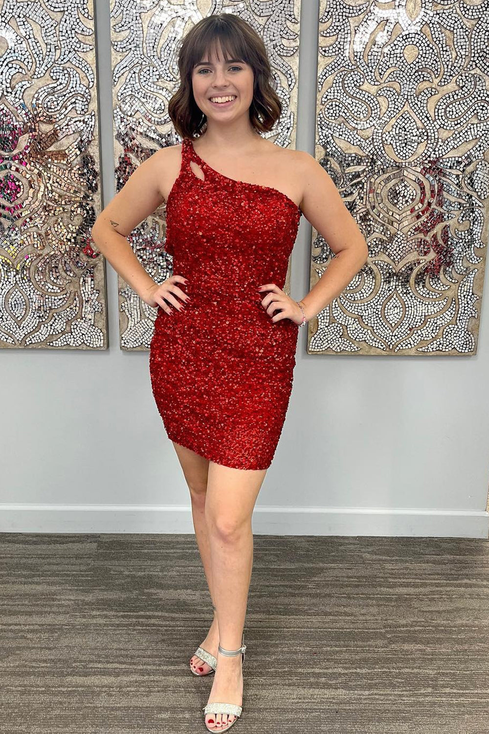 Red one shoulder sequin bodycon homecoming dress