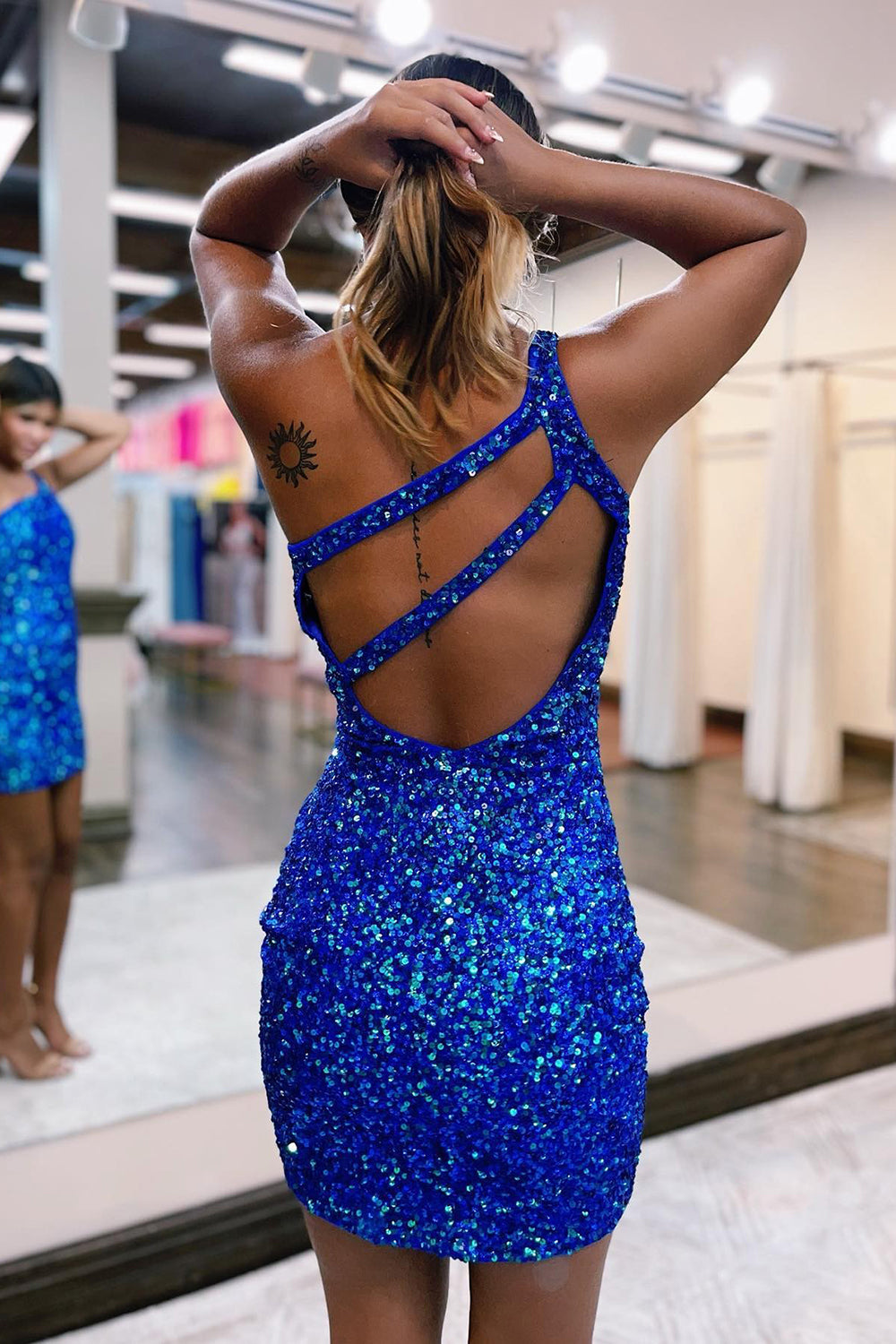 Royal blue one shoulder sequin bodycon homecoming dress
