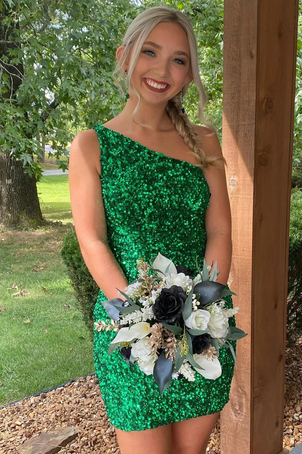 Green one shoulder sequin bodycon homecoming dress