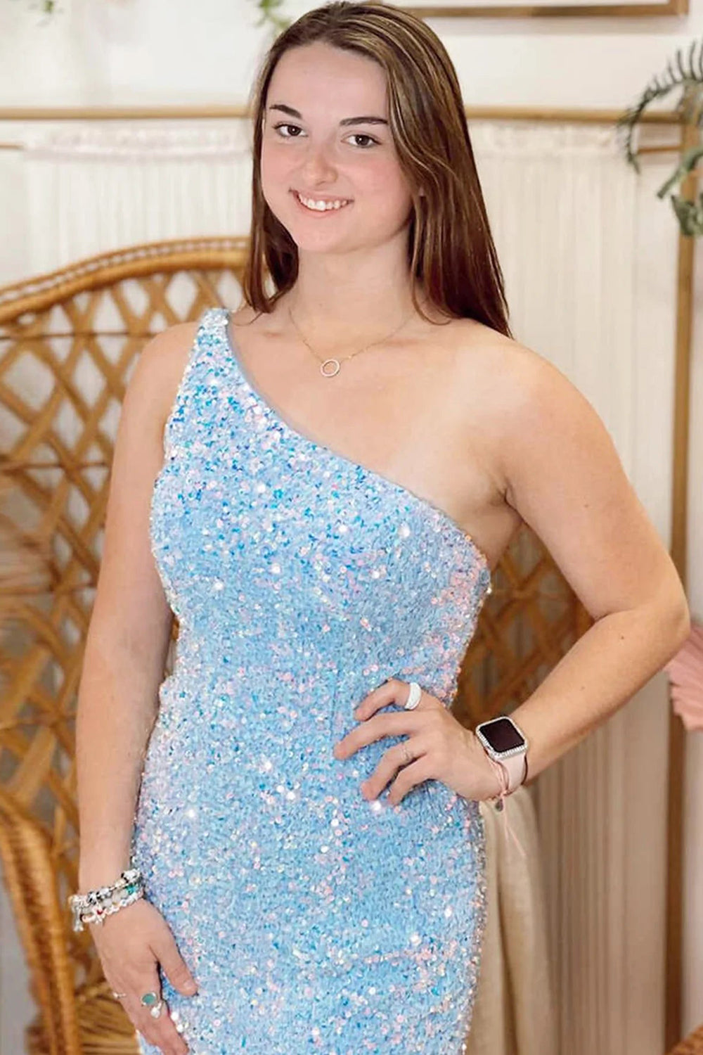Light blue one shoulder sequin bodycon homecoming dress