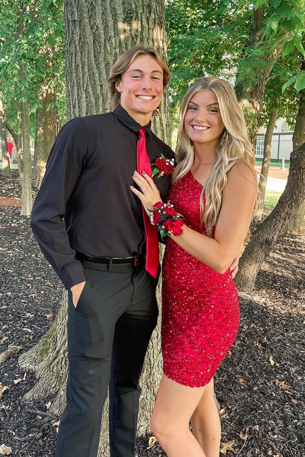 Red one shoulder sequin bodycon homecoming dress