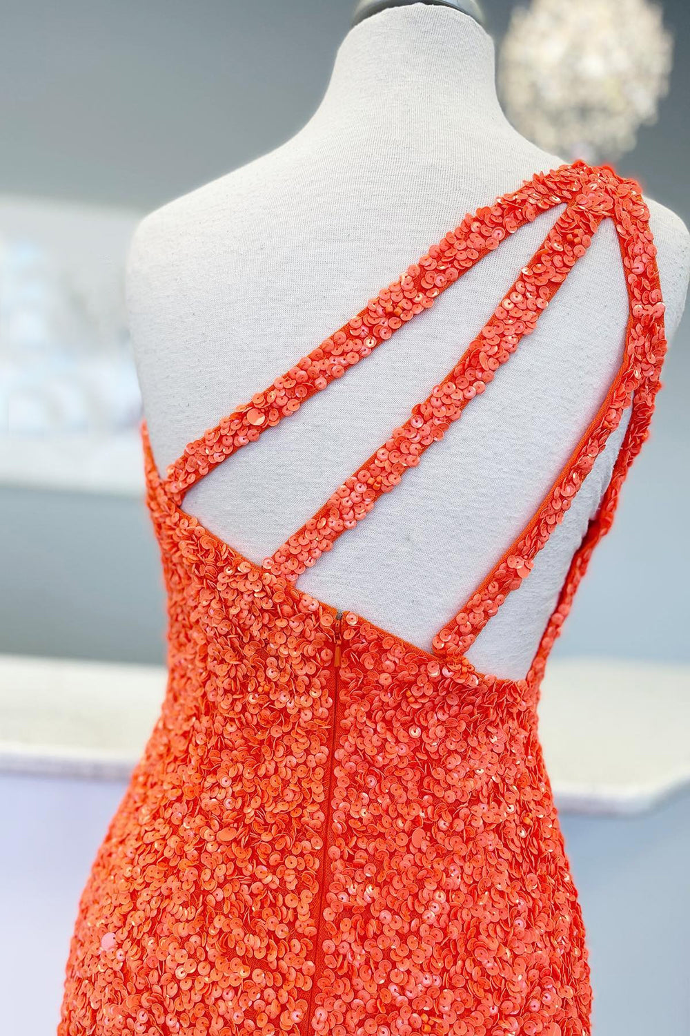 Orange one shoulder sequin bodycon homecoming dress