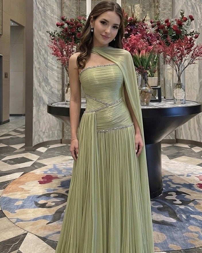 Pink One Shoulder Cape Sleeves A-line Pleated Chiffon Floor Length Formal Evening Gown