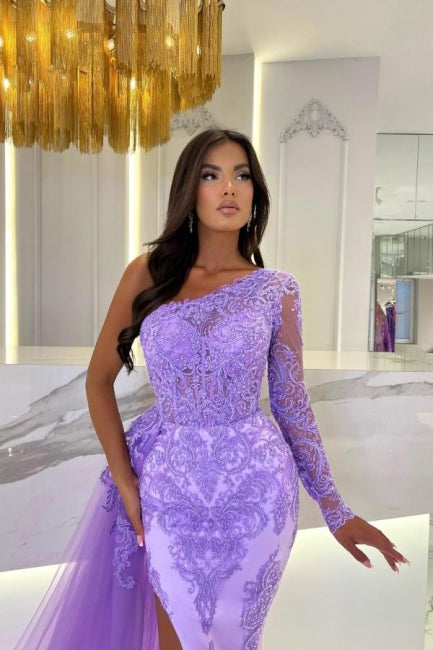 One Shoulder Column Long Sleeve Split Front Tulle Floor-Length Prom Evening Dresses with Lace