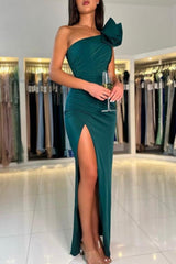 One Shoulder Dark Green Flowers Split Front Prom Evening Dresses